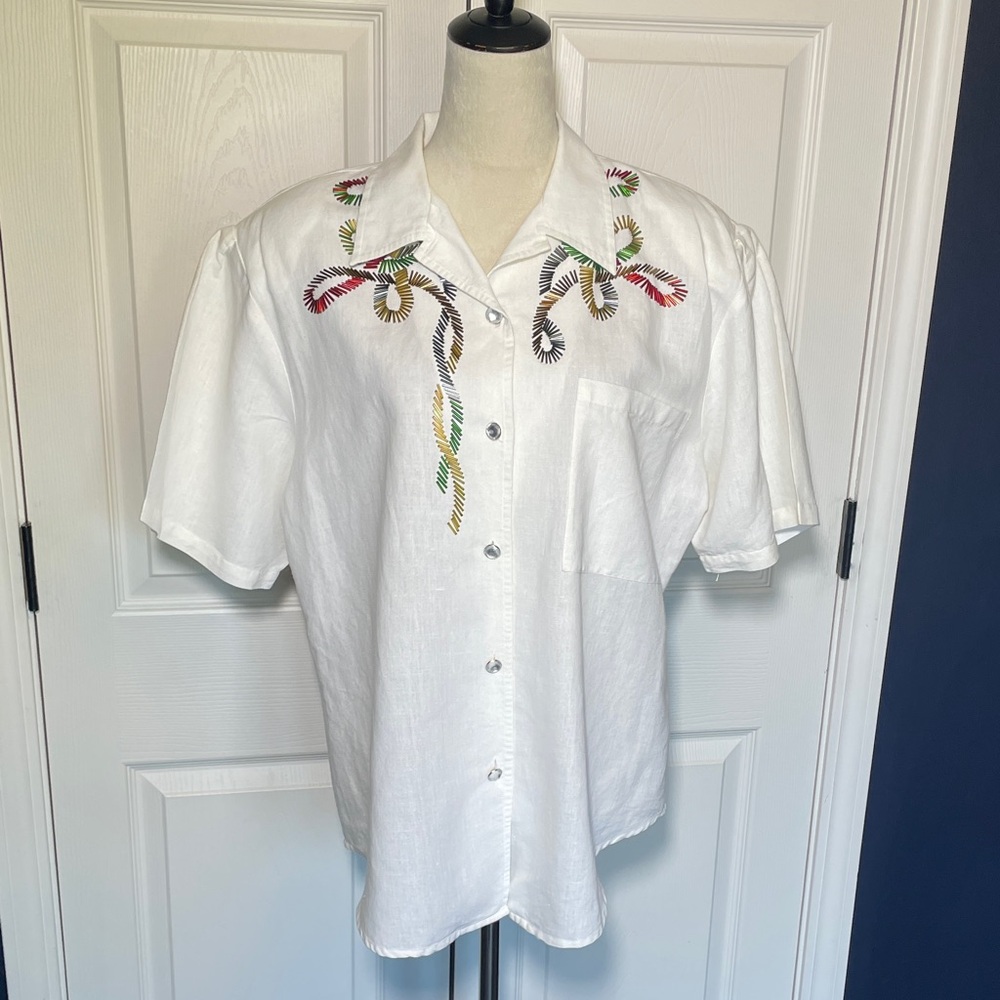 Vintage‎ Carry Back Cotton Ramie White Short Sleeve Button Down Shirt Size 10